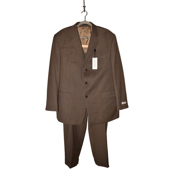 CALVIN KLEIN NEW $325‎ Taupe Wool Two Piece Suit 3-Button Blazer Men's 44R - Picture 1 of 9